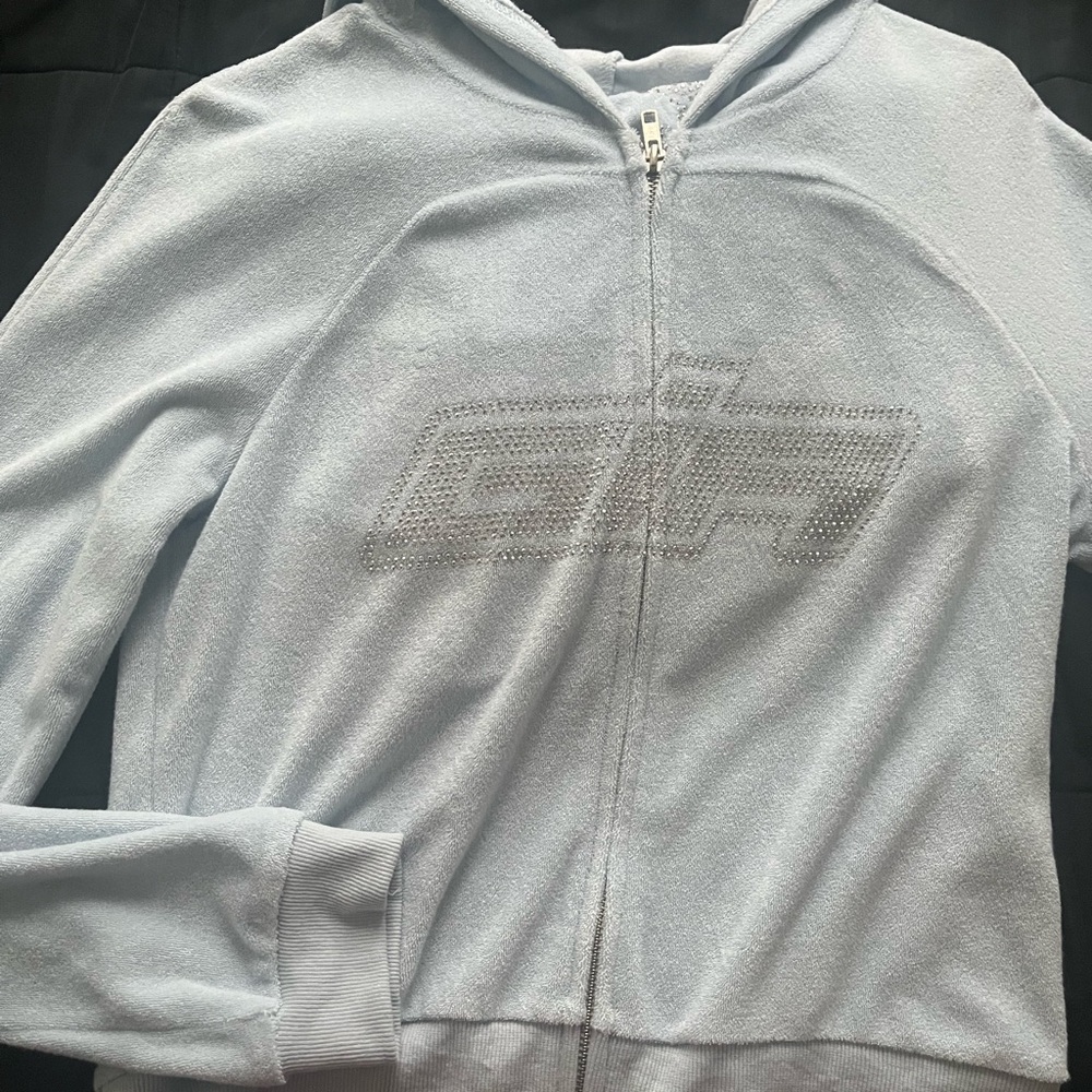 Light Blue Zip-Up Hoodie with Rhinestone Logo